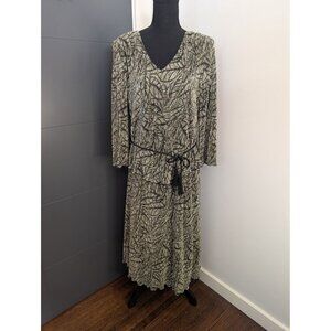 Connected Apparel Leaf Print Dress W/ Lettuce Hem & Tie Belt - Black/Gold - 16